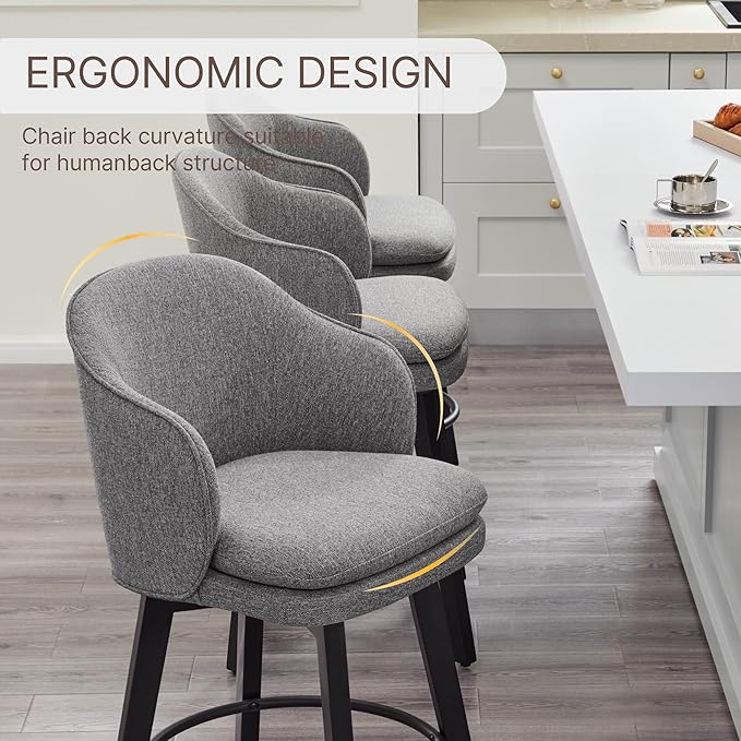 Counter Height Barstools 26 inch Upholstered Swivel Bar Stools with Back and Wood Legs for Kitchen Island,Set of 3,Dark Grey Fabric