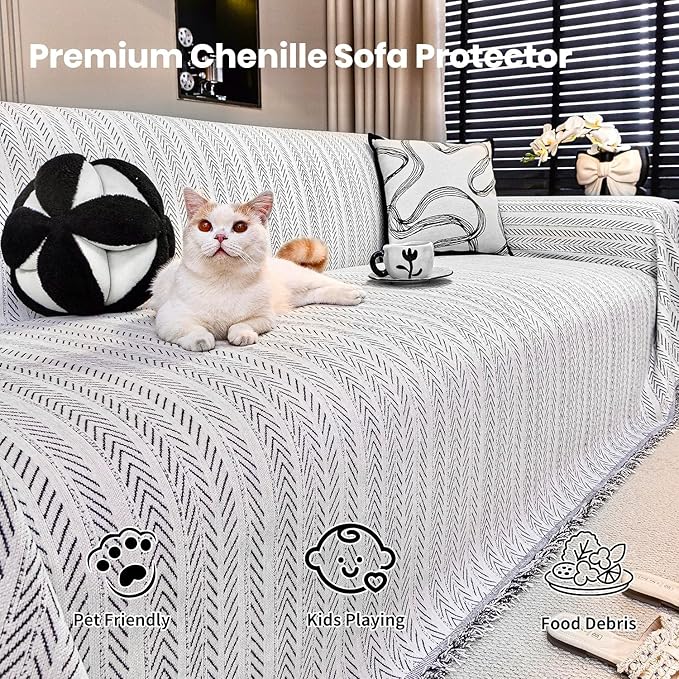 Nobildonna Sofa Chair Cover Waterproof Soft Thicken Chenille Cushion Couch Cover with Tassels,Washable Sofa Slipcovers for Armchair Recliner Sectional Furniture Protector, Beige 71"x71"