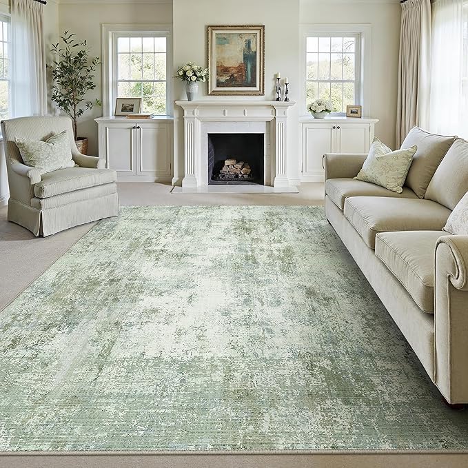 9x12Washable Area Rug Green Modern Neutral Abstract Living Room Bedroom Indoor Floor Carpet Low Pile Soft Non-Slip Lightweight Vacuumable Large Throw Rug for Nursery Dining Room