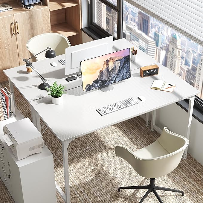 Huuger Computer Desk, 55 Inch Home Office Desk, Gaming Writing Work from Home Study Desk, Large Legroom, Sturdy Metal Frame, Modern Simple, White