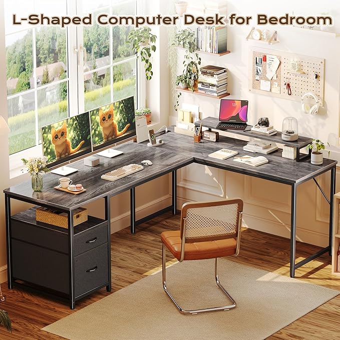 PRAISUN 63 Inch L Shaped Desk with Power Outlets and USB-C Port, Computer Corner Home Office Desk with File Fabric Drawers and Movable Monitor Stand, Larger Storage, Gaming, Writing, Work, Grey