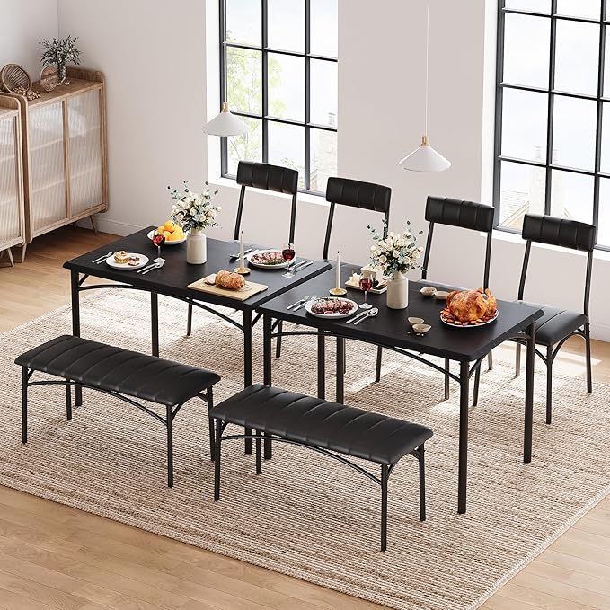 GAOMON Dining Table Set for 4 with Upholstered Bench and 2 Chairs, Rectangular Dining Room Table Set for 4 for Small Space, Apartment, Dinner, Rustic Black