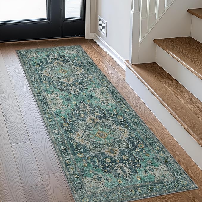 GENIMO 2x10 Runner Rugs for Hallway, Machine Washable Non Slip Vintage Rugs, Low Pile Lightweight Soft Print Rug for Enrtyway, Corridor, Home Office, Kitchen, Dark Green