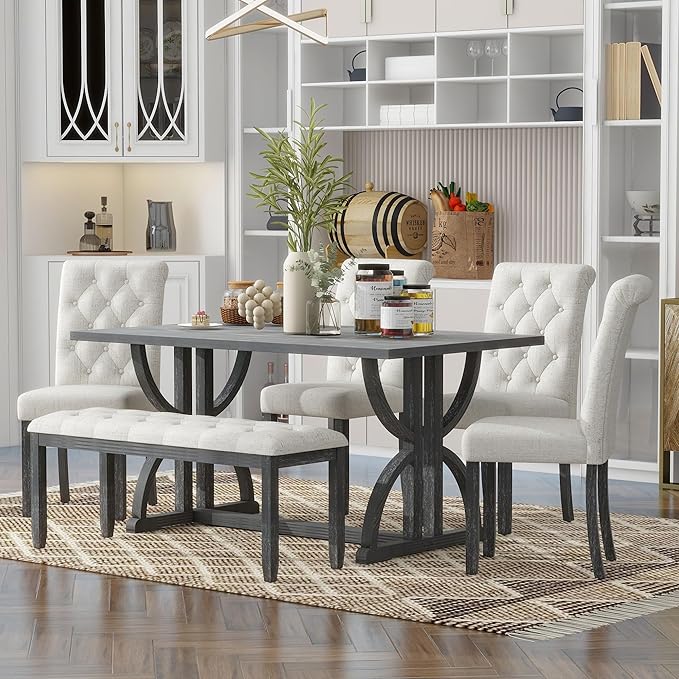 Ball & Cast 6-Piece Dining Table Set, 60" Rectangular Dining Table with 4 Upholstered Chairs & 1 Bench for Dining Room and Kitchen Gray Wash