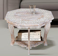 Farmhouse Carved Octagonal End Table – Rustic Accent Side Table with Hand Carved Floral Detailing, Portable Wood Tray Top, White Wash Finish, 24" Dai x 18" Height–Nightstand For Living Room,Bedroom