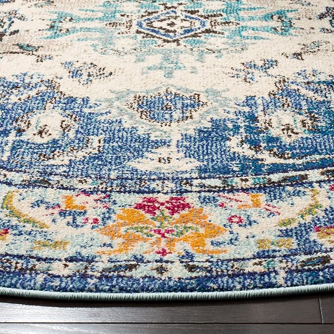 SAFAVIEH Monaco Collection Area Rug - 4' Round, Navy & Light Blue, Boho Chic Medallion Distressed Design, Non-Shedding & Easy Care, Ideal for High Traffic Areas in Living Room, Bedroom (MNC243N)