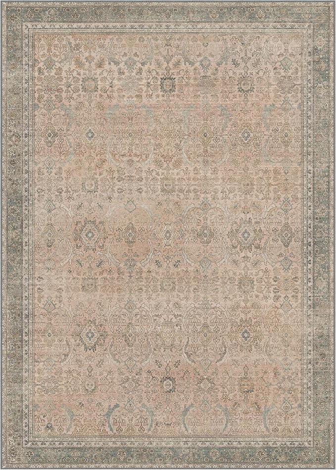 8X10 Area Rugs Machine Washable Rugs for Living Room, Vintage Boho Large Rugs for Bedroom Dining Room, Non Slip Indoor Soft Distressed Lightweight Thin Low Pile Carpet, Soft Sand