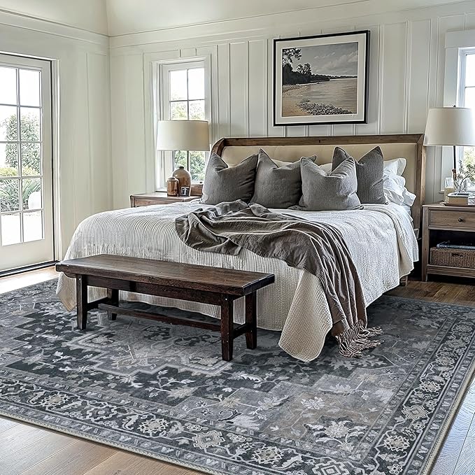 GENIMO 10x12 Area Rugs for Living Room, Machine Washable Non Slip Vintage Rugs, Low Pile Lightweight Chenille Print Rug for Bedroom, Dining Room, Home Office,Dark Gray