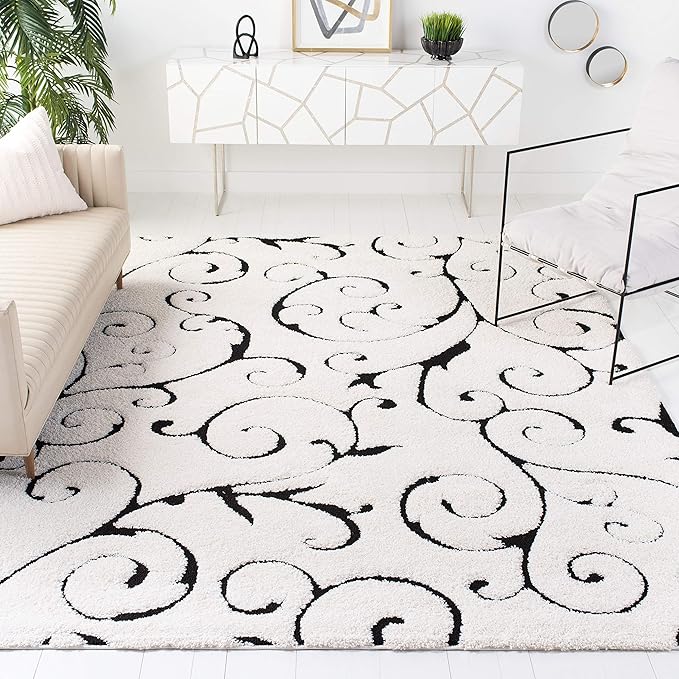 SAFAVIEH Florida Shag Collection Area Rug - 6'7" Square, Ivory & Black, Scroll Design, Non-Shedding & Easy Care, 1.2-inch Thick Ideal for High Traffic Areas in Living Room, Bedroom (SG455-1290)