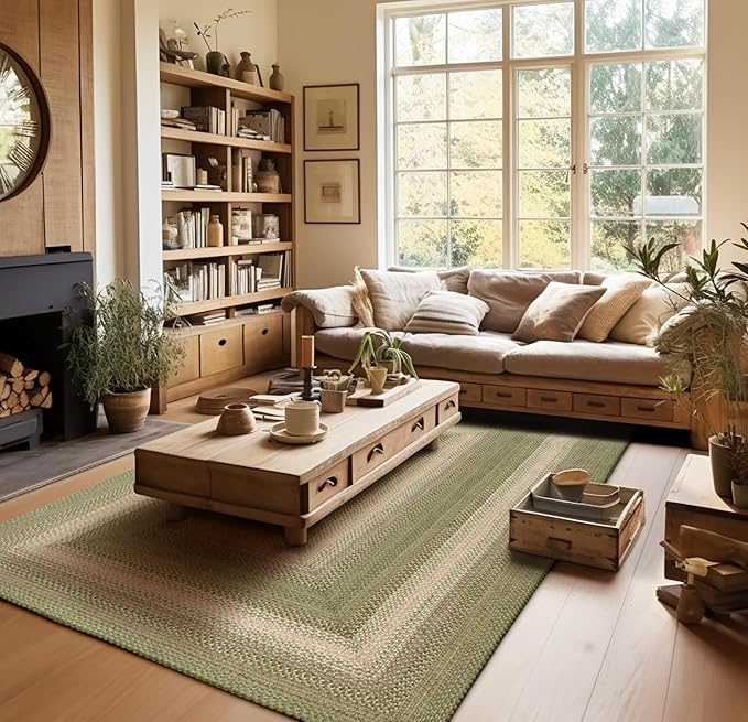 Homespice Grassland Jute Braided Green Area Rug 4x6' - Rustic Braided Area Rug for Living Room and Dining Room