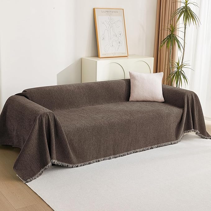 MYSKY HOME Boho Couch Cover Chocolate Sofa Covers with White Tassel Farmhouse Sofa Slipcover Simple Couch Protector for Dogs Chenille Sectional Couch Covers L Shaped Couch Cushion Covers, 91"x 134"