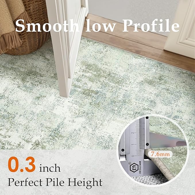 9x12Washable Area Rug Green Modern Neutral Abstract Living Room Bedroom Indoor Floor Carpet Low Pile Soft Non-Slip Lightweight Vacuumable Large Throw Rug for Nursery Dining Room