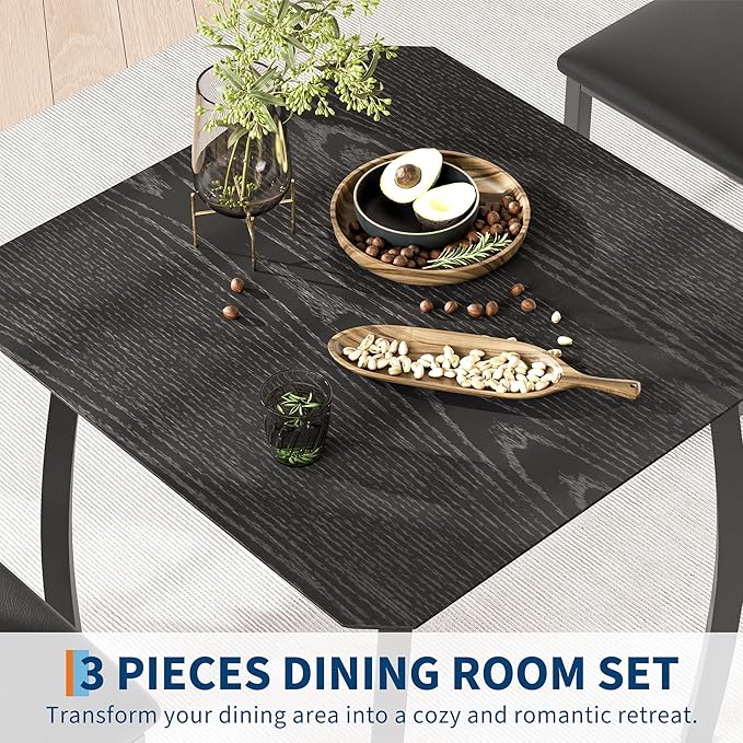Small Dining Table Set for 2,3-Piece Kitchen Table Set with Thick Wood Grain Tabletop & 2 Upholstered Chairs & Metal Frame, Compact Table Set for Small Spaces, Kitchens & Dining Rooms (Black)