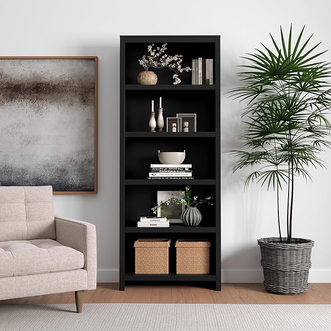 Prepac Moda 5-Tier Tall Wooden Bookcase, Black Storage Cabinet, Display Cabinet, Bookshelf with Storage Shelves 31.75" W x 80" H x 12" D for Home Office, Living Room, Bedroom Organizer