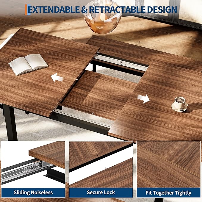 Garvee 5 PCs Extendable Dining Table Set for 4-8 People, 63 Inch Kitchen Table with 2 Benches & 2 Stools, Modern Dining Room Furniture Sets, Easy Assembly