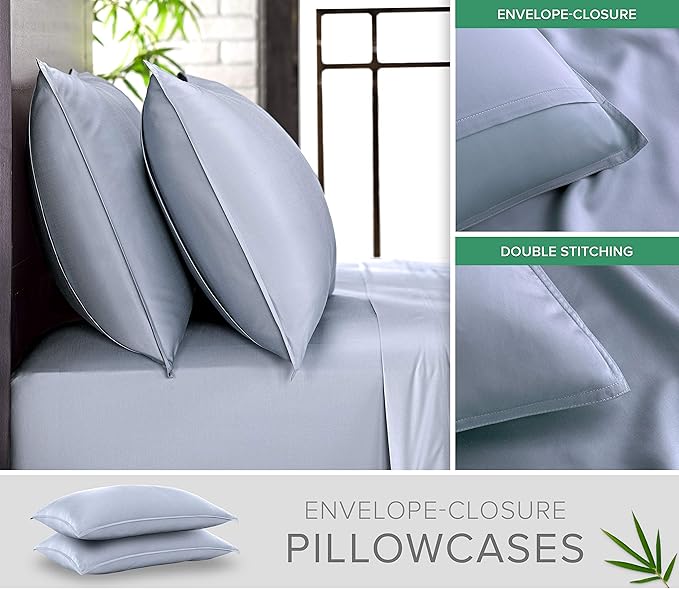 Split King Sheets by Pure Bamboo, Genuine 100% Organic Viscose Derived from Bamboo Bed Sheet Set, Soft & Cooling, Double Stitching *Not for Split Top (Split King, Sterling Blue)