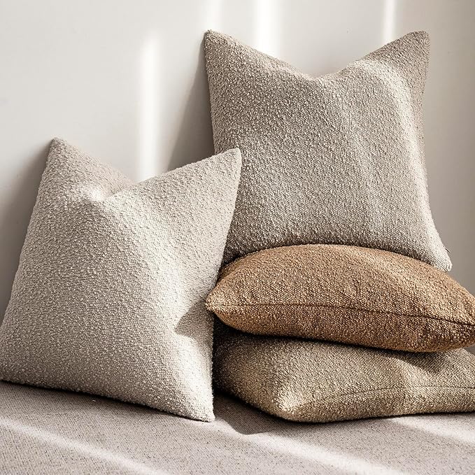 Foindtower Set of 2, Decorative Textured Boucle Throw Pillow Covers Accent Solid Pillow Cases Neutral Soft Cozy Couch Cushion Case for Chair Sofa Bedroom Living Room Home Decor 24 x 24 Inch,Oatmeal
