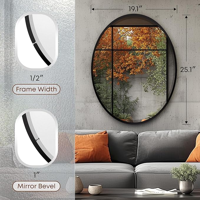 OVALCREST - Oval Wooden Beveled Wall Mirror for Home Decor, Bathroom, Vanity, Bedroom, Living Room, Hallway - London Style (Matte Black) 19.1 x 25.1