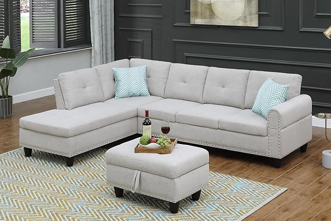 Evan Sectional Sofa or Couch with Ottoman for Living Room, Apartment, Bedroom, Office