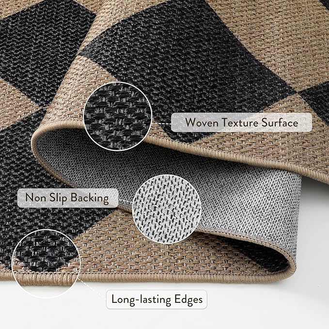 Lahome Checkered Easy Jute Kitchen Rug, 2x3 Indoor Door Mat Small Neutral Area Rug, Farmhouse Diamond Non Slip Non Shedding Lightweight Floor Carpet for Entry Porch