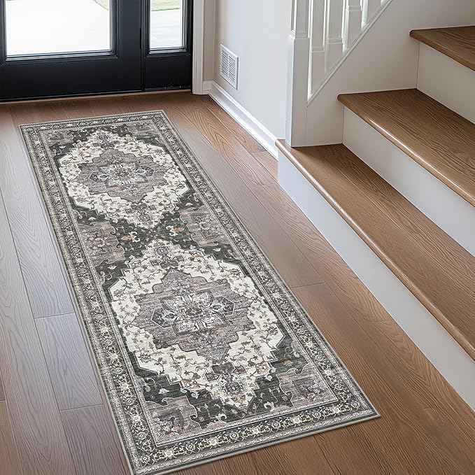 GENIMO 3X7 Hallway Runner Rug, Machine Washable Non Slip Vintage Floral Patchwork Runners, Thin Low Pile Chenille Carpet Runners for Entryway, Kitchen, Bathroom, Bedroom, Slate Gray