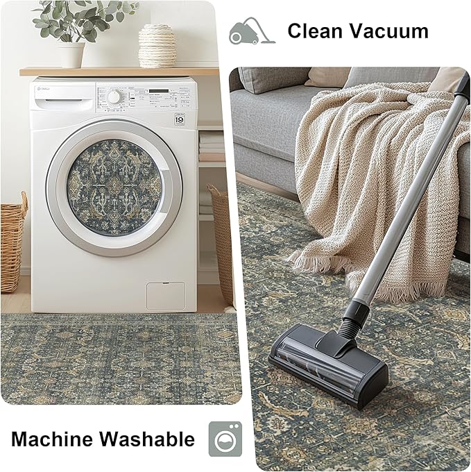 2X7 Area Rugs Machine Washable Rugs for Living Room, Vintage Boho Large Rugs for Bedroom Dining Room, Non Slip Indoor Soft Distressed Lightweight Thin Low Pile Carpet, Deep