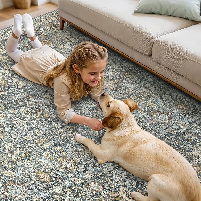 5X7 Area Rugs Machine Washable Rugs for Living Room, Vintage Boho Large Rugs for Bedroom Dining Room, Non Slip Indoor Soft Distressed Lightweight Thin Low Pile Carpet, Terracotta