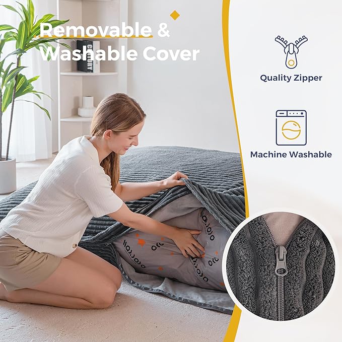 MAXYOYO Giant Bean Bag Chair with Pillow, 3 in 1 Convertible Bean Bag Chair for Adults with Washable Cover, Removable Floor Cushion Stuffed Floor Lounger for Living Room Bedroom, Dark Grey, Queen