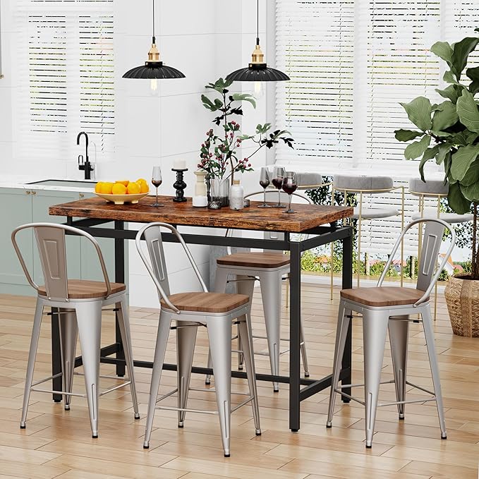 Changjie Furniture 26 Inches Metal Barstools Set of 4 Counter Height Bar Stools Industrial Stools with Backs High Back Chairs for Kitchen Island (26 Inch,Silver)