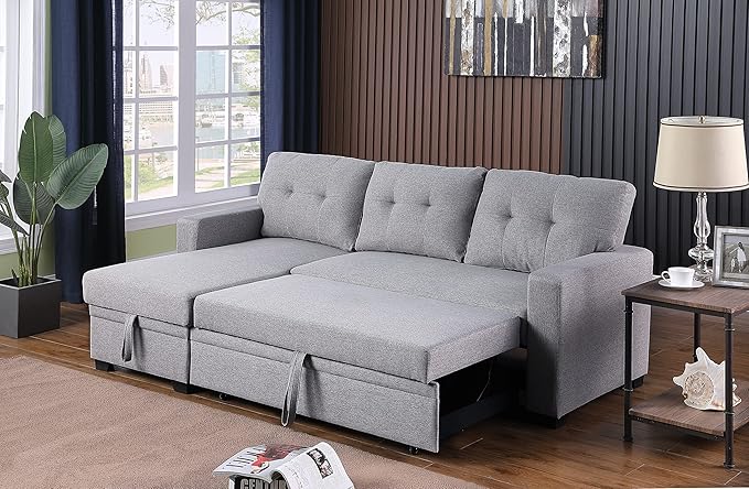 Devion Furniture Meridian 4-in-1 Convertible L Shaped Couch with Pull Out Bed and Storage, Sectional Sleeper Sofa with Reversible Chaise for Living Room, Apartment, Bedroom, Office