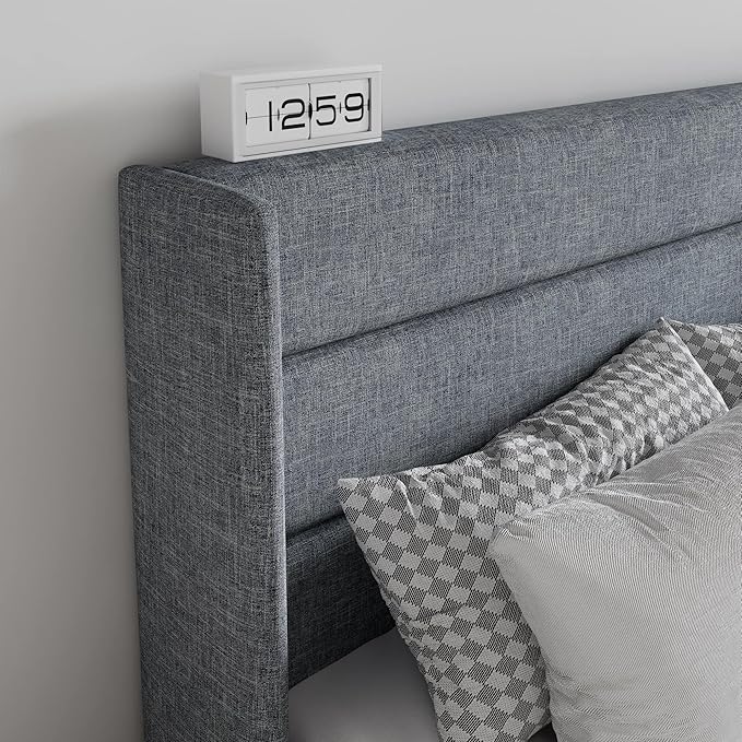SHA CERLIN King Size Lift Up Storage Bed/Modern Wingback Headboard/Upholstered Platform Bed Frame/Hydraulic Storage/No Box Spring Needed/Wood Slats Support/Grey Blue