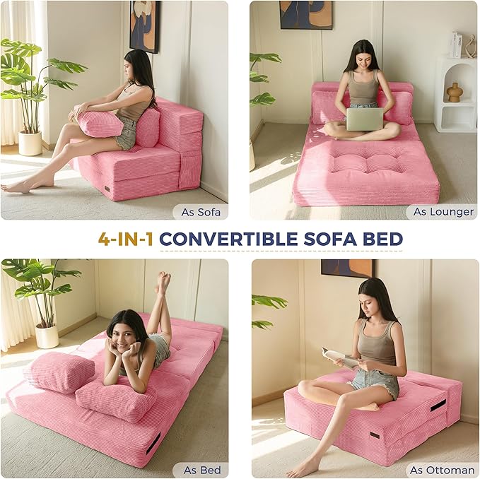 MAXYOYO Convertible Sofa Bed, Fold Out Loveseat Sleeper Sofa with Pillow, 4 in 1 Tufted Folding Couch Bed Foam Floor Couch, Lazy Chair for Living Room Bedroom Guest Room, Pink