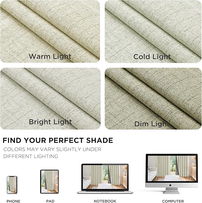 Joydeco 100% Blackout Curtains for Bedroom - Natural Linen Curtains 42" W x 72" L Long, Thermal Insulated 2 Panels Light Beige. Room Darkening Light Blocking Drapes for Living Room