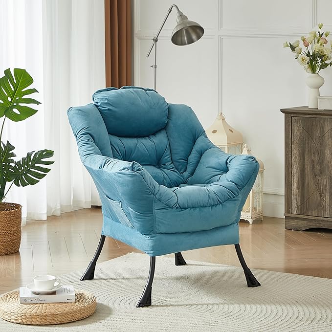 HollyHOME Fabric Large Lazy Chair, Accent Reading Chair, Cozy Lounge Chair with Armrest, Leisure Sofa Chair for Living Room, Bedroom, Dorm, Blue