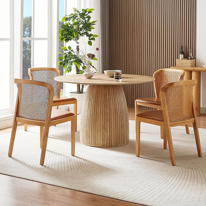 Wooden Kitchen Round Dining Table for 4-6, Round Kitchen Table with Circular Tabletop with Wood Pedestal Base, Rustic Farmhouse Furniture