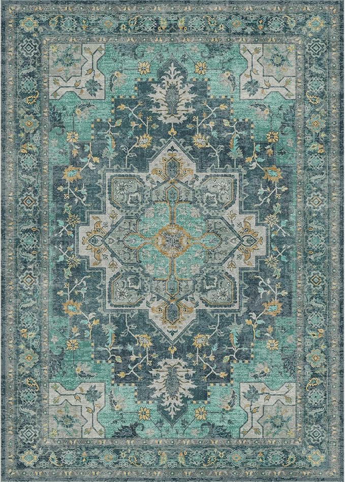 GENIMO 10x12 Area Rugs for Living Room, Machine Washable Non Slip Vintage Rugs, Low Pile Lightweight Chenille Print Rug for Bedroom, Dining Room, Home Office, Dark Green