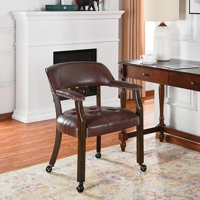 LEEMTORIG Dining Chairs with Casters and Arm, Large Rolling Dining Chairs with Wheel, Poker Table Chairs, Boss Caption's Chairs, 26"D x 25.2"W x 31.5"H, Espresso Legs & Wine Red Brown PU, XXY-1910-WR