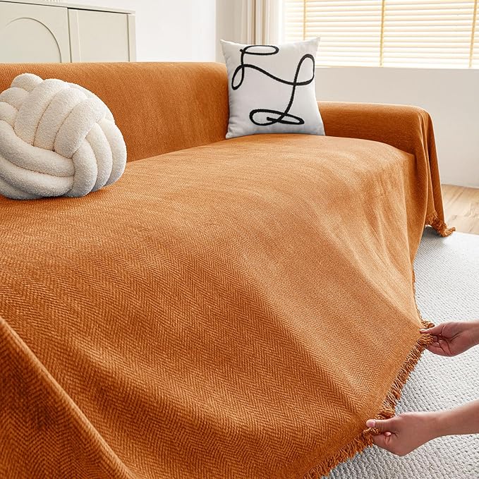 hyha Couch Cover for Dogs, Boho Sofa Covers for 3 Cushion Couch Washable, Chenille Sofa Slipcover for Pets, Soft Loveseat Sectional Couch Throw Blankets with Tassels (Orange, 71x134 Inch)