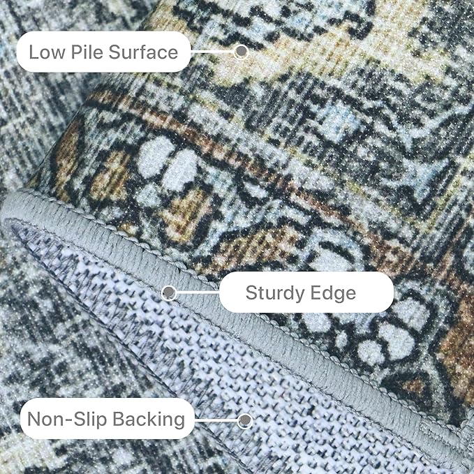 8X10 Area Rugs Machine Washable Rugs for Living Room, Vintage Boho Large Rugs for Bedroom Dining Room, Non Slip Indoor Soft Distressed Lightweight Thin Low Pile Carpet, Slate Grey