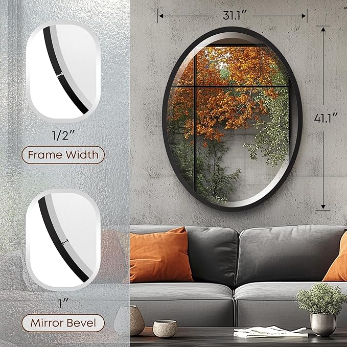 OVALCREST - Oval Wooden Beveled Wall Mirror for Home Decor, Bathroom, Vanity, Bedroom, Living Room, Hallway - London Style (Matte Black) 31.1 x 41.1