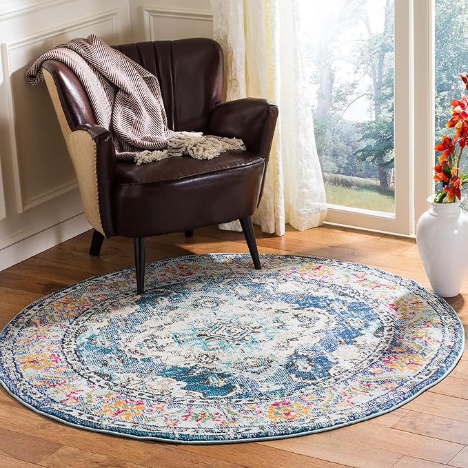 SAFAVIEH Monaco Collection Area Rug - 3' Round, Navy & Light Blue, Boho Chic Medallion Distressed Design, Non-Shedding & Easy Care, Ideal for High Traffic Areas in Living Room, Bedroom (MNC243N)