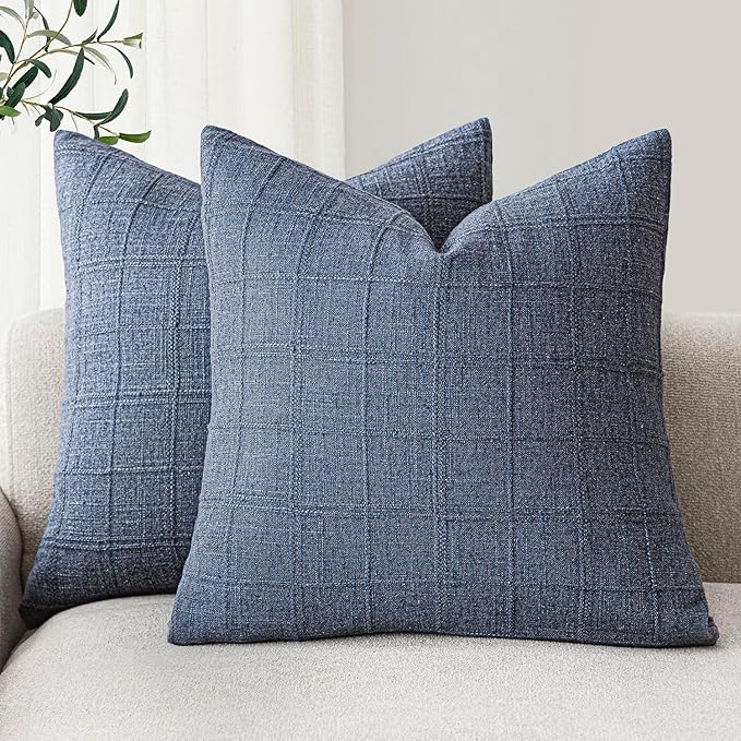 Foindtower Set of 2 Decorative Linen Check Throw Pillow Covers Neutral Farmhouse Vintage Cushion Covers Modern Coastal Boho Home Decor for Sofa Chair Couch Bedroom Living Room Outdoor,16×16 Inch,Blue