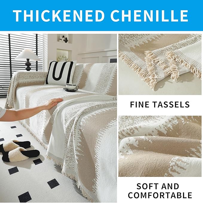 LUFEIJIASHI Boho Couch Covers for Sofa Non Slip Sofa Covers Washable Couch Covers for 3 Cushion Couch Sofa Pet Friendly Sectional Couch Cover Blanket Furniture Protector for Dogs (Khaki, 71"x118")