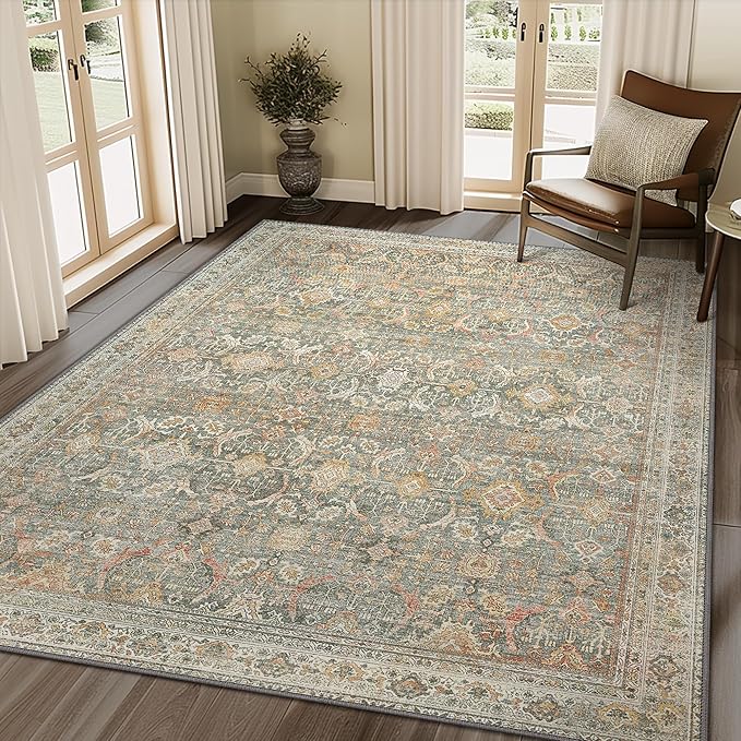 10X14 Area Rugs Machine Washable Rugs for Living Room, Vintage Boho Large Rugs for Bedroom Dining Room, Non Slip Indoor Soft Distressed Lightweight Thin Low Pile Carpet, Turmeric