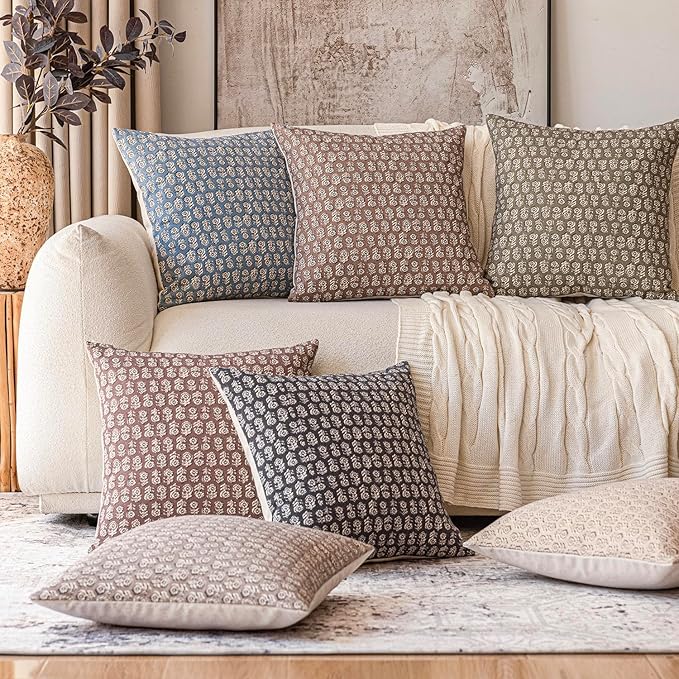 Foindtower Set of 2 Decorative Neutral Floral Print Throw Pillow Covers Vintage Accent Farmhouse Cushion Covers Boho Home Decor for Sofa Couch Chair Bedroom Living Room Outdoor,24×24 Inch,Dusty Blue