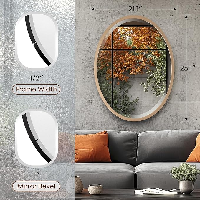 OVALCREST - Oval Wooden Beveled Wall Mirror for Home Decor, Bathroom, Vanity, Bedroom, Living Room, Hallway - London Style (Gold Spray) 21.1 x 25.1