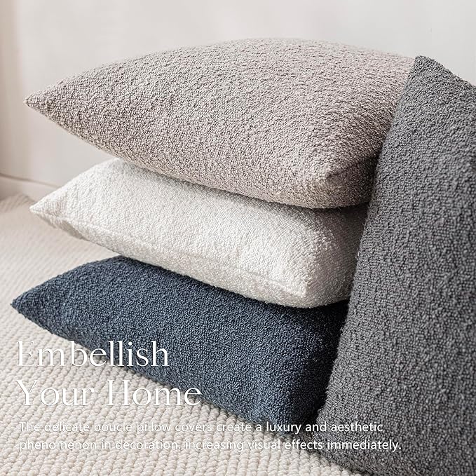 Foindtower Set of 2, Decorative Textured Boucle Throw Pillow Covers Accent Solid Pillow Cases Soft Cozy Couch Cushion Case for Chair Sofa Bedroom Living Room Home Decor 24 x 24 Inch Neutral Grey