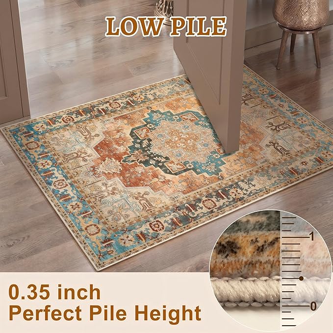 Tangsoo 4x6 Washable Rug Vintage Non Slip Indoor, Distressed Carpet for Living Room, Dining Room, Soft Low Pile Rugs Foldable Floor for Bedroom Dorm Bedside Bathroom Rusty Orange