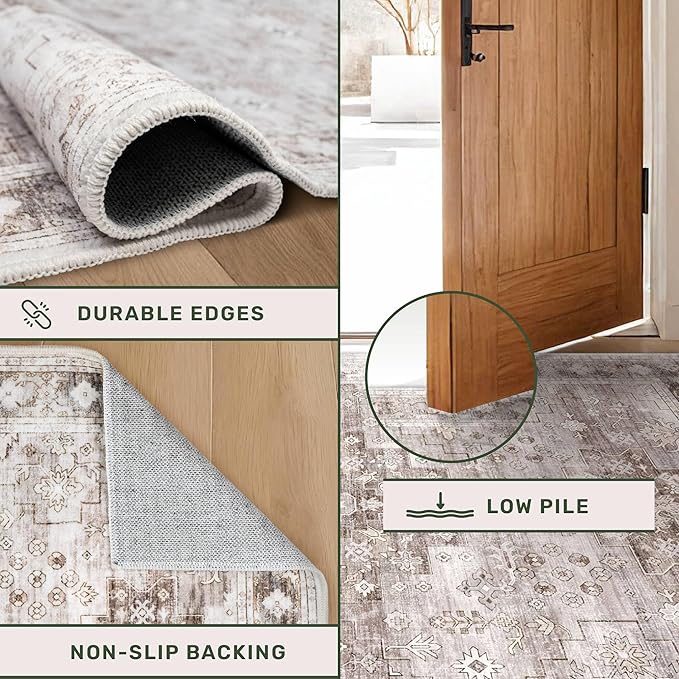Washable Neutral Farmhouse Large Entryway Rug, 3x4 Area Rugs for Kitchen, Bedroom, Nursery Room, Boho Vintage Floral Non-Slip Throw Rug Low Pile Stain Resistant (3x4 Beige/Latte)