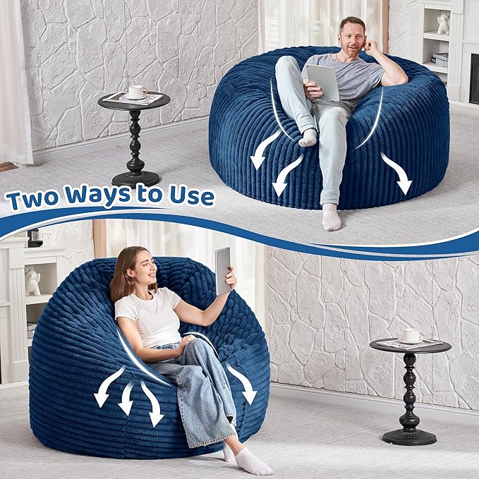 HABUTWAY 5FT Bean Bag Chair, 5' Large Bean Bag Chairs for Adults with Removable Stripe Plush Cover, Memory Foam Beanbag Chair for Living Room Bedroom Dorm (Blue)